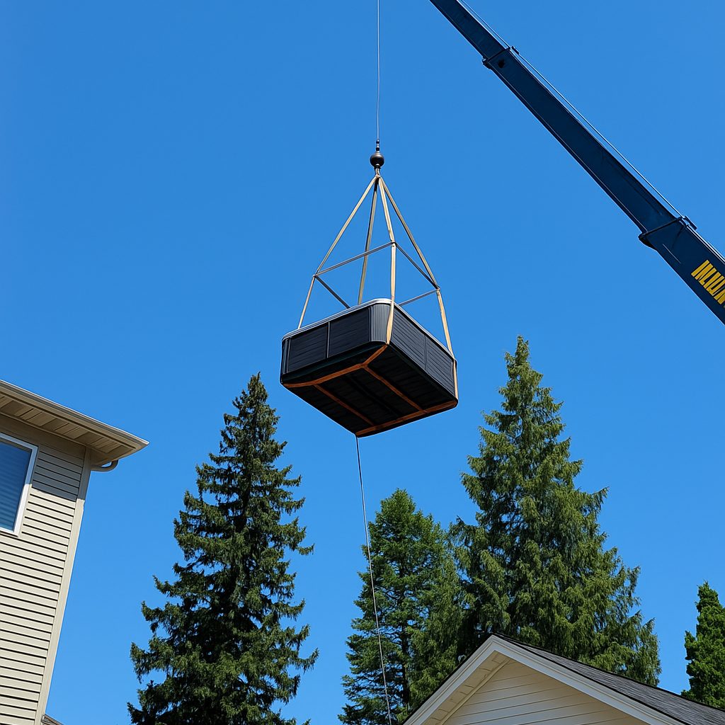 hot tub spa lifting over trees crane