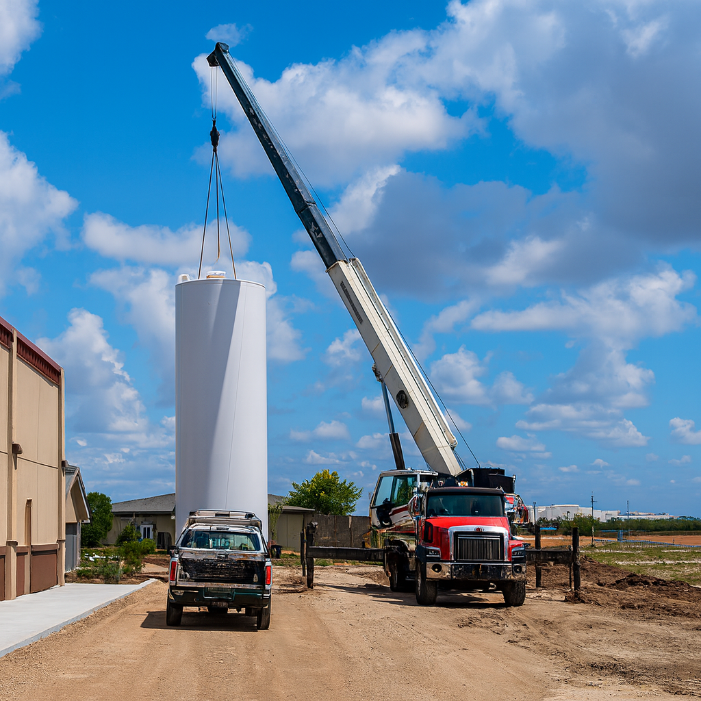 Crane lifting tall vertical white water storage tank at industrial site with truck and building