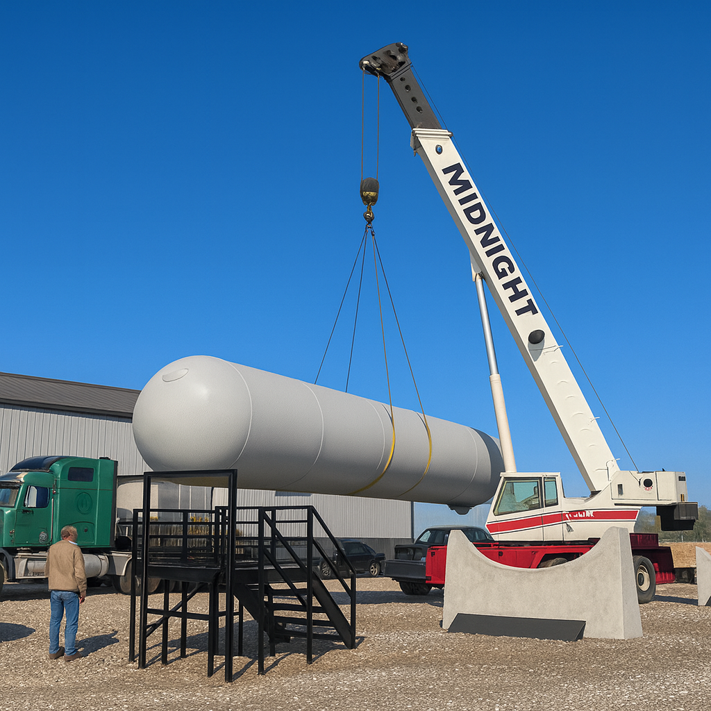 Midnight Crane lifting large white chemical storage tank at industrial site in Fresno